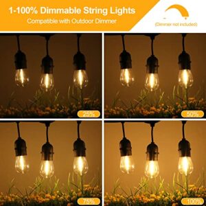 48FT LED Outdoor String Lights S14 Waterproof Shatterproof Patio Lights with 15 Sockets Dimmable Light Strings with Edison Bulbs Connectable Commercial Grade Hanging Lights for Party Garden Porch