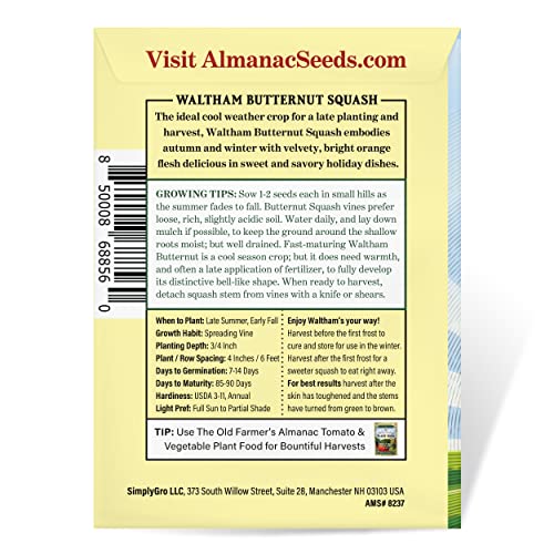 The Old Farmer's Almanac Heirloom Winter Squash Seeds (Waltham Butternut) - Approx 40 Seeds - Non-GMO, Open Pollinated, USA Origin