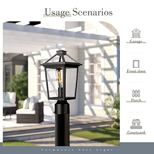 zeyu Farmhouse Outdoor Post Light Fixture, 13.4 Inch Column Lamp Post Lantern for Garden Patio House, Die-Cast Aluminum in Black Finish, Seeded Glass Shade, ZX58P BK