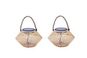 outdoor hanging solar lantern , 2 pack handmade woven lamp with rope handle waterproof table light home decor for backyard balcony patio garden, natural