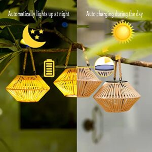 Outdoor Hanging Solar Lantern , 2 Pack Handmade Woven Lamp with Rope Handle Waterproof Table Light Home Decor for Backyard Balcony Patio Garden, Natural