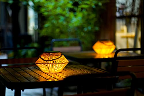 Outdoor Hanging Solar Lantern , 2 Pack Handmade Woven Lamp with Rope Handle Waterproof Table Light Home Decor for Backyard Balcony Patio Garden, Natural