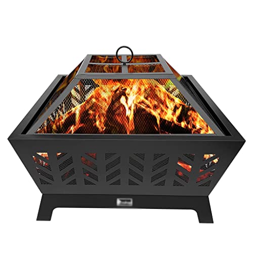 LDCHNH Outdoor Patio Wood Fire 4-Corner Pits 26 Inch Heater Stove with Flame-Retardant Spark Guard Black