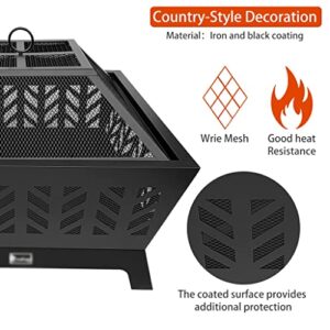 LDCHNH Outdoor Patio Wood Fire 4-Corner Pits 26 Inch Heater Stove with Flame-Retardant Spark Guard Black