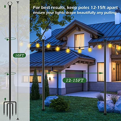 Aulimhti String Light Poles - 10Ft Metal Poles with Fork for Outdoor String Lights,2 Pack Light Poles Stand for Outside Garden,Patio,Wedding,Backyard,Deck,Party