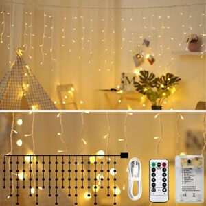 areskey icicle lights 10ft 90 led window curtain string light usb battery operated waterproof fairy string lights for indoor outdoor home garden bedroom decoration 8 modes remote control warm white