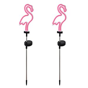 solar pink flamingo yard ornaments w/stakes, solar landscape lights outdoor waterproof neon strip for garden pathway patio lawn flowerbed beach party wedding, 30″ tall (2 pack)