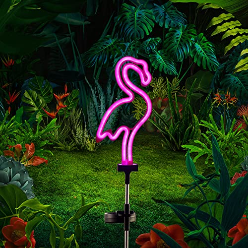 Solar Pink Flamingo Yard Ornaments w/Stakes, Solar Landscape Lights Outdoor Waterproof Neon Strip for Garden Pathway Patio Lawn Flowerbed Beach Party Wedding, 30" Tall (2 Pack)