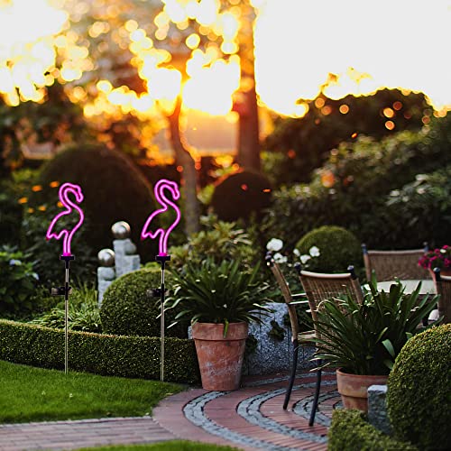 Solar Pink Flamingo Yard Ornaments w/Stakes, Solar Landscape Lights Outdoor Waterproof Neon Strip for Garden Pathway Patio Lawn Flowerbed Beach Party Wedding, 30" Tall (2 Pack)