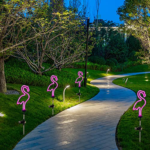 Solar Pink Flamingo Yard Ornaments w/Stakes, Solar Landscape Lights Outdoor Waterproof Neon Strip for Garden Pathway Patio Lawn Flowerbed Beach Party Wedding, 30" Tall (2 Pack)