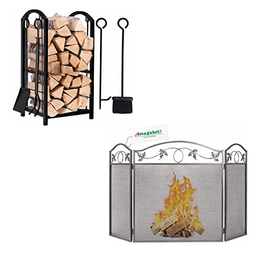 Amagabeli Firewood Rack bundle Fireplace Screen 3 Panel Pewter Foldable