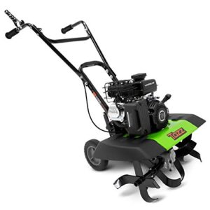 tazz 35310 2-in-1 front tine tiller/cultivator, 79cc 4-cycle viper engine, gear drive transmission, forged steel tines, multiple tilling widths of 11”, 16” & 21”, toolless removable side shields,green