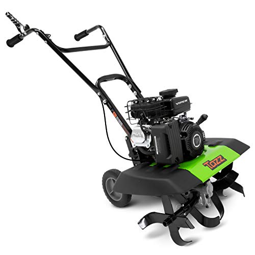 Tazz 35310 2-in-1 Front Tine Tiller/Cultivator, 79cc 4-Cycle Viper Engine, Gear Drive Transmission, Forged Steel Tines, Multiple Tilling Widths of 11”, 16” & 21”, Toolless Removable Side Shields,Green