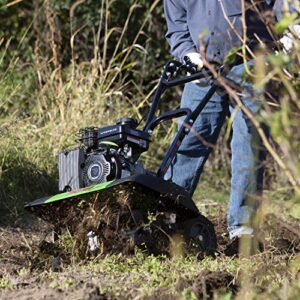 Tazz 35310 2-in-1 Front Tine Tiller/Cultivator, 79cc 4-Cycle Viper Engine, Gear Drive Transmission, Forged Steel Tines, Multiple Tilling Widths of 11”, 16” & 21”, Toolless Removable Side Shields,Green