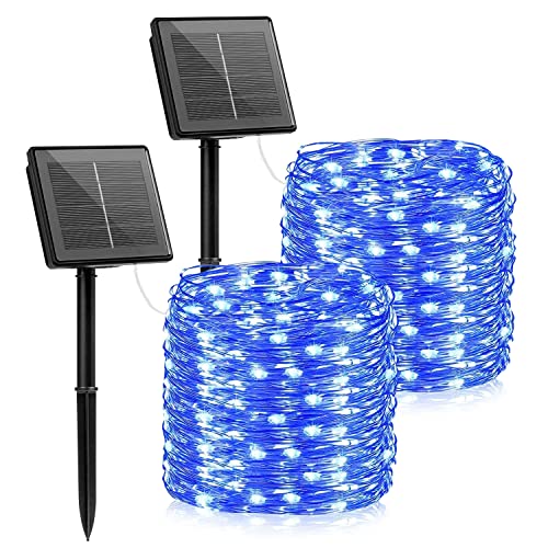 Liyade 2 Pack Blue Outdoor Solar Fairy Lights, 39.37ft 2X120 LED Halloween Decorative Fairy Lights with 8 Modes, Waterproof Copper Wire Lights for DIY Decoration Garden Party Wedding Patio Yard