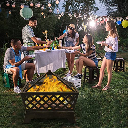 Fire Pits for Outside Firepit Outdoor Fireplace Wood Burning Fire Pit, 26.4 Inchs Large Portable Fire Pit with Fire Pit Screen for Outdoor Outside Camping Patio Garden Backyard, Bronze