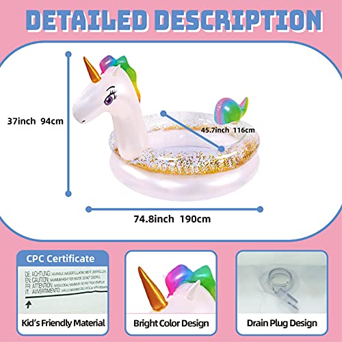 FUNFEED Inflatable Kiddie Pool, Unicorn Swimming Pool for Kiddie, Baby, Toddler, 75" X46" X37", for Ages 3+, Outdoor, Indoor, Garden, Backyard, Summer Water Party (Inflatable Unicorn Kiddie Pool)