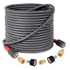 yamatic super flexible pressure washer hose 50ft x 1/4″, kink resistant real 3200 psi heavy duty power washer extension replacement hose with m22-14mm x 3/8″ quick connect kit for gas & electric, grey