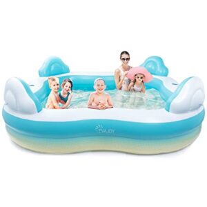 inflatable swimming pool, evajoy inflatable pool for kids, adults, family-sized above ground swimming pool with 4 seats, 4 backrests, cup holders, for backyard, garden, outdoors, 200 gal