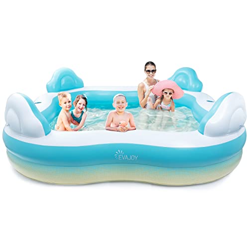 Inflatable Swimming Pool, EVAJOY Inflatable Pool for Kids, Adults, Family-Sized Above Ground Swimming Pool with 4 Seats, 4 Backrests, Cup Holders, for Backyard, Garden, Outdoors, 200 gal