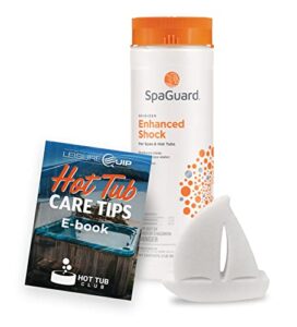 spaguard enhanced shock 2lb with leisurequip scumboat scum absorber and leisurequip hot tub care e-book