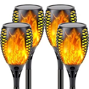 4-pack solar flame torch (larger size & higher), 90 led solar outdoor lights for garden decorations with flickering flame, waterproof tiki torches solar lights for outside pathway patio yard landscape