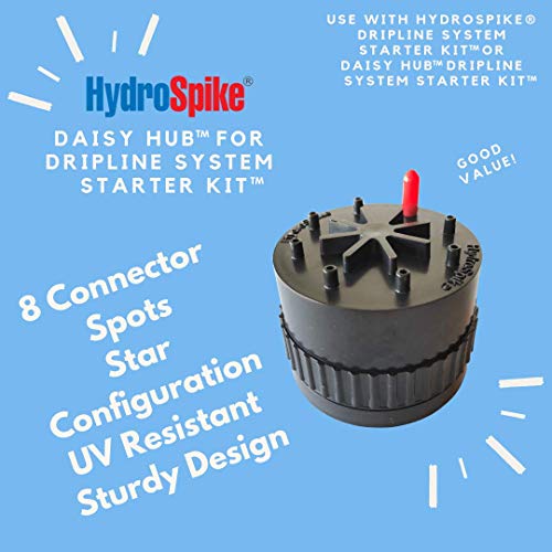 HydroSpike Daisy Hub for Dripline System Kit, Automatic Portable Drip Watering Zone, 8 Connections for Dripper Heads/Stakes. Water Irrigation Emitters in Outdoor Vegetable Garden. No Batteries or Pump