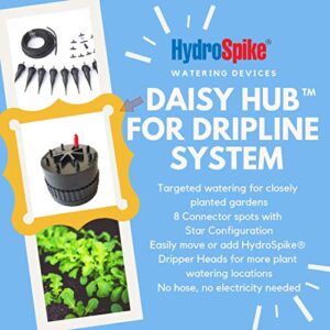 HydroSpike Daisy Hub for Dripline System Kit, Automatic Portable Drip Watering Zone, 8 Connections for Dripper Heads/Stakes. Water Irrigation Emitters in Outdoor Vegetable Garden. No Batteries or Pump