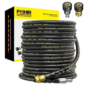 pohir pressure washer hose 70ft with 3/8″ quick connector, high tensile wire braided kink resistant 1/4 inch power washer hose 4200 psi, 2pcs m22 14mm to 3/8″ adapter set, multi-scene use