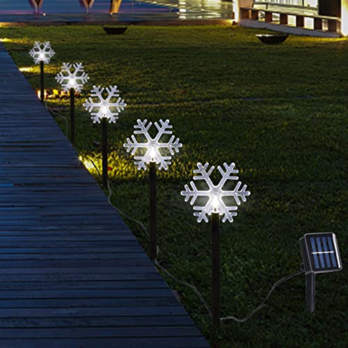 VOGVOG Christmas Snowflake Lights, 5 Pack Solar Christmas Pathway Markers with Cool White Fairy Lights for Outdoor Holiday Walkway Patio Garden Christmas Decorations