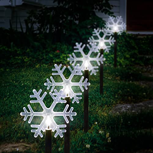 VOGVOG Christmas Snowflake Lights, 5 Pack Solar Christmas Pathway Markers with Cool White Fairy Lights for Outdoor Holiday Walkway Patio Garden Christmas Decorations
