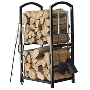 home-it firewood rack – 2-tier outdoor firewood holder – 4 hanging hooks for fireplace tools set, poker, tongs – waterproof, rust-proof steel pipe log holder with black powder coat finish – 17x12x29