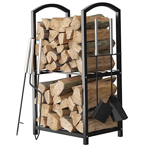 Home-it Firewood Rack - 2-Tier Outdoor Firewood Holder - 4 Hanging Hooks For Fireplace Tools Set, Poker, Tongs - Waterproof, Rust-Proof Steel Pipe Log Holder with Black Powder Coat Finish - 17x12x29