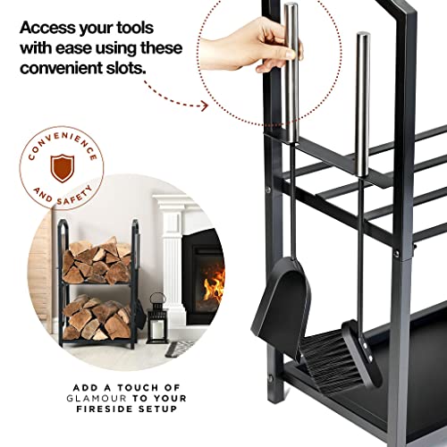 Home-it Firewood Rack - 2-Tier Outdoor Firewood Holder - 4 Hanging Hooks For Fireplace Tools Set, Poker, Tongs - Waterproof, Rust-Proof Steel Pipe Log Holder with Black Powder Coat Finish - 17x12x29