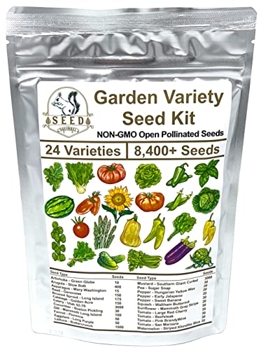 Complete Garden Seed Variety Kit - 24 Varieties - 8410+ Non-GMO Open Pollinated Seeds - Resealable Poly Bags - Grow Your Own Beautiful Garden