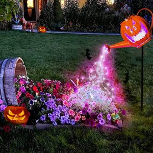 yeuago halloween pumpkin lights solar watering can with purple lamp beads,fairy garden solar decoration, metal waterproof garden ornament mother’s day gift table patio yard pathway party