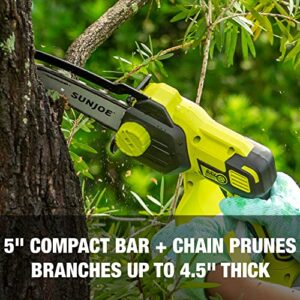 Sun Joe 24V-HCS-LTE-P1 24-Volt iON+ Cordless Mini Chainsaw, Handheld Pruning Saw Kit, 5-Inch, w/ 2.0-Ah Battery and Charger, Green