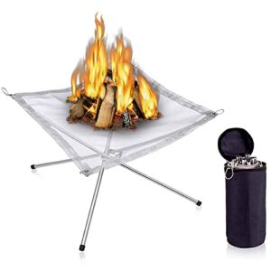 portable foldable outdoor camping fire pit, 304 stainless steel mesh fireplace picnic campfire fire pit wood burning with carry bag for patio, camping backyard and garden