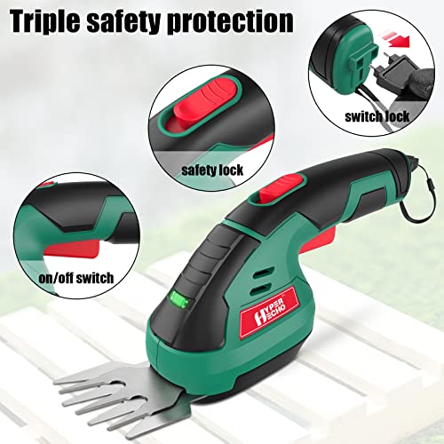 Cordless Grass Shear Handheld Hedge Trimmer 2-in-1 7.2V HYPERECHO Handheld Grass Clipper Hedge Cutter with Pruning Blades and Grass Cutting Blades