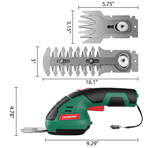 Cordless Grass Shear Handheld Hedge Trimmer 2-in-1 7.2V HYPERECHO Handheld Grass Clipper Hedge Cutter with Pruning Blades and Grass Cutting Blades