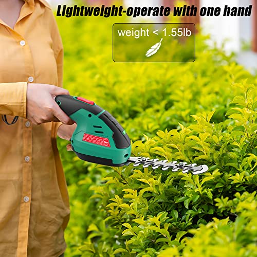 Cordless Grass Shear Handheld Hedge Trimmer 2-in-1 7.2V HYPERECHO Handheld Grass Clipper Hedge Cutter with Pruning Blades and Grass Cutting Blades