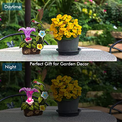 Garden Statue Hummingbird Figurine - Hummingbird Flower with Solar LED Lights for Outdoor Indoor Decoration for Patio Yard Lawn,Christmas Decorative,Gift for Housewarming Festival-10.2 X 7.1 Inch