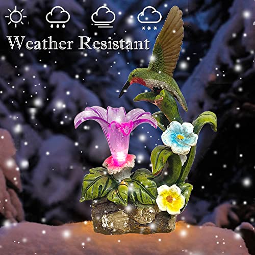 Garden Statue Hummingbird Figurine - Hummingbird Flower with Solar LED Lights for Outdoor Indoor Decoration for Patio Yard Lawn,Christmas Decorative,Gift for Housewarming Festival-10.2 X 7.1 Inch