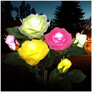 mmhf outdoor solar garden stake lights,upgraded led solar powered light with 6 rose flowers, 3 pack colorful waterproof solar decorative lights for garden, patio, backyard (white＆pink＆yellow)