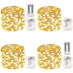 4-pack 33ft 100 led fairy lights battery operated with remote & timer, waterproof string lights outdoor indoor bedroom decor, 8 mode twinkle lights for girl room xmas party wedding garden (warm white)