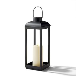 outdoor candle lantern, large – 18 inch tall, solar powered, black metal, open frame (no glass), dusk to dawn timer, decorative led lantern lights for front porch, garden or patio decor