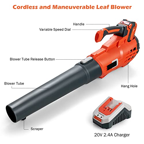 GYMAX Cordless Leaf Blower, 5 Speed Level 20V Max with Battery & Charger, Handheld Electric Portable Lightweight Leaf Blower for Lawn, Garden, Leaves, Snow Debris (Orange)