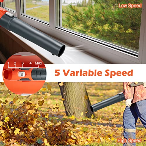 GYMAX Cordless Leaf Blower, 5 Speed Level 20V Max with Battery & Charger, Handheld Electric Portable Lightweight Leaf Blower for Lawn, Garden, Leaves, Snow Debris (Orange)