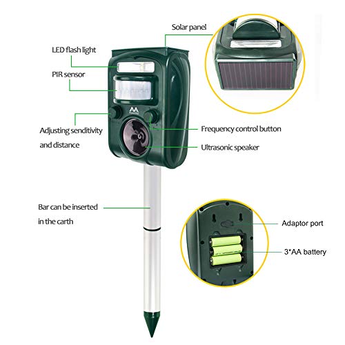 AMERFIST Solar Animal Repeller, 2021 Ultrasonic Mole Repellent, Rat, Squirrel, Deer, Raccoon, Skunk, Rabbit, Mole, Dog, Cat, Waterproof with Motion Detector, USB Rechargeable, Flashing Light (Green)