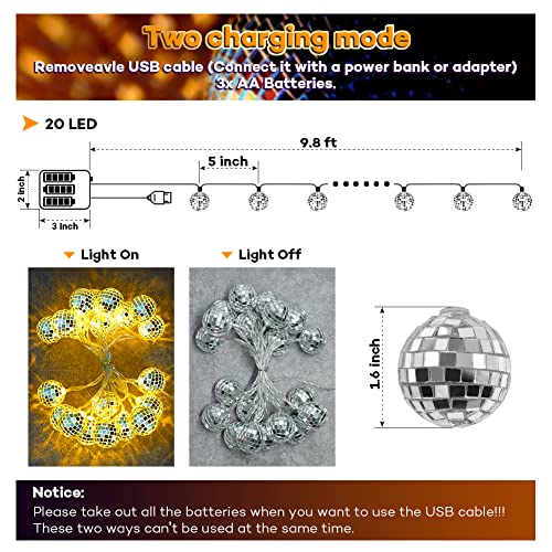AceList 20 LED Disco Ball Mirror LED Party String Light Christmas Lanterns for Holiday Wall Window Tree Decorations Indoor Outdoor Patio Party Yard Garden Kids Bedroom Living Dorm (Warm White)